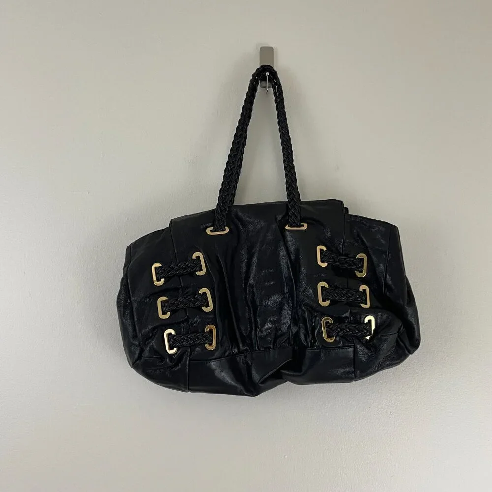 Treesje Black Leather Large Hobo Satchel Bag